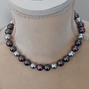 Silver purple toned heavy metal beaded necklace rhinestone magnetic closure 14"